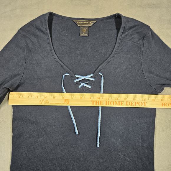 Vtg Abercrombie & Fitch Baby Tee Womens Size L Blue Lace Up Y2K 3/4 Sleeve Top - Picture 8 of 10